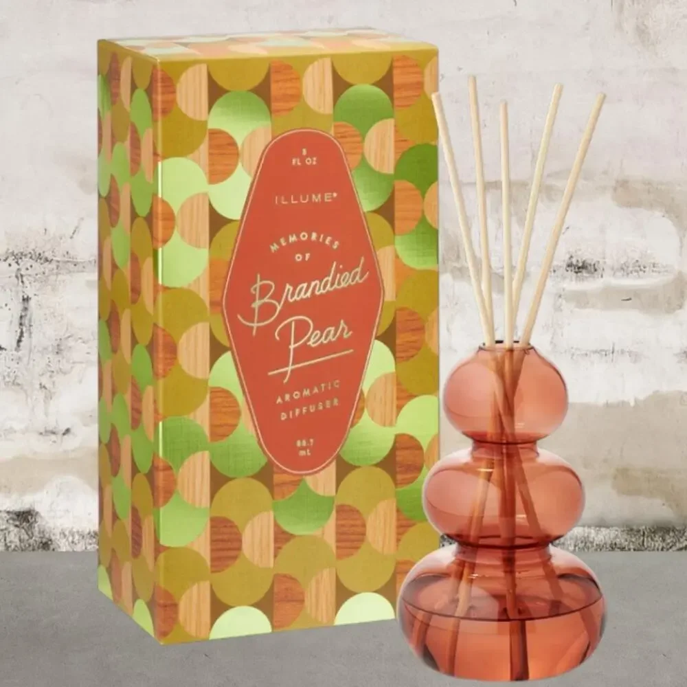 Illume Memories of Brandied Pear Amber Glass Bubble Christmas Reed Diffuser NIB